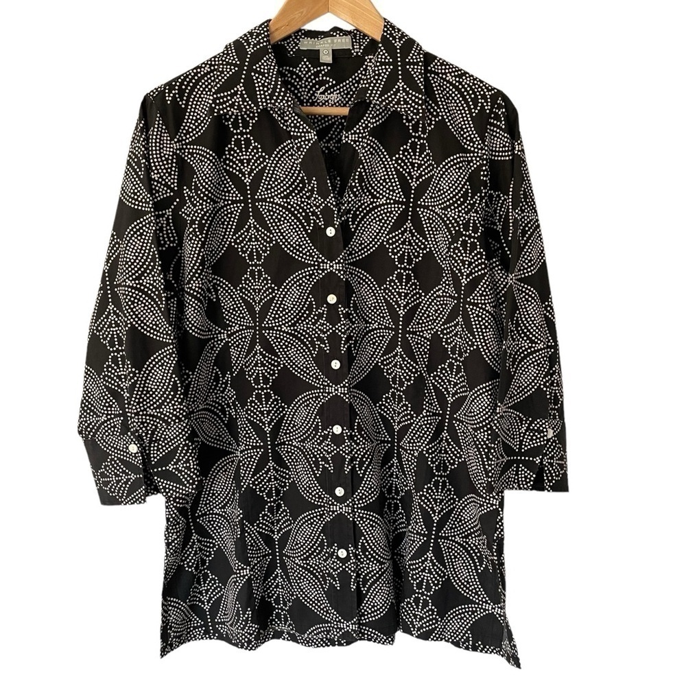 Foxcroft Wrinkle Free Cotton Button Up Shirt Womens 10 Black Floral Polkadot GUC